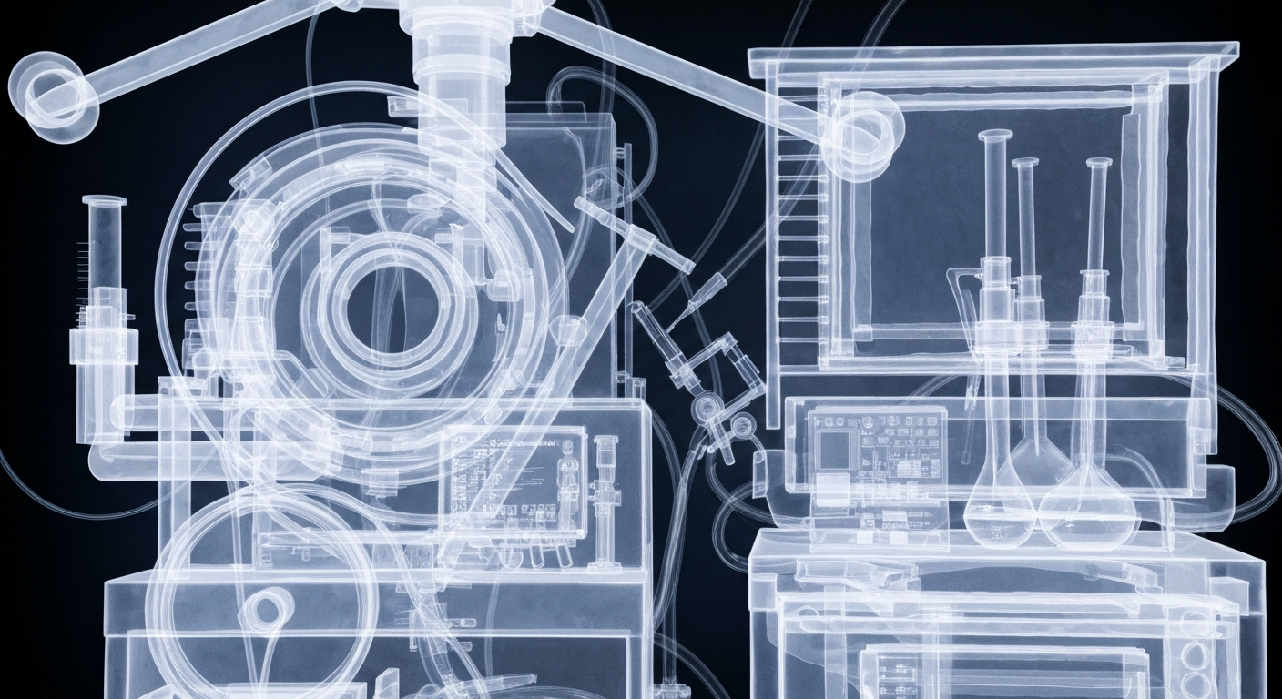 A highly detailed, translucent X-ray photograph revealing the intricate inner workings of various medical instruments and laboratory equipment, conceptually representing the complex web of allegations surrounding healthcare fraud.