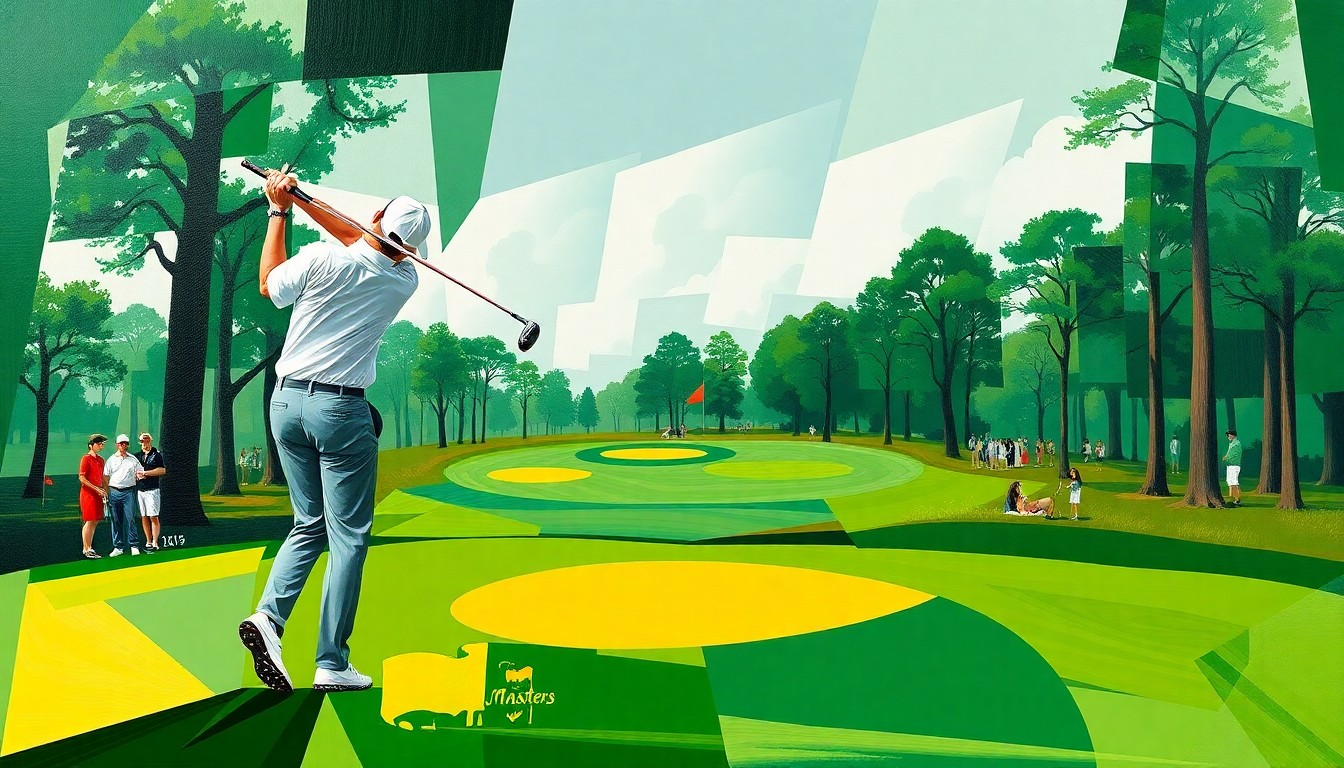 A fractured, geometric painting depicting a golfer's swing and the Masters tournament grounds, with sharp, overlapping planes of color in shades of green, white, and gold.