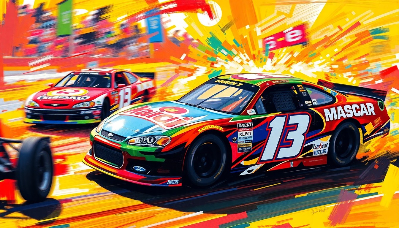 An extreme close-up of a race car in motion, with the driver's seat visible, surrounded by a blur of other vehicles and the track, all rendered in a vibrant, expressionist style using bold brushstrokes and neon colors to capture the raw energy and movement of the NASCAR event.