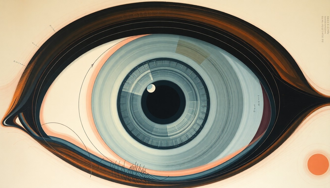 An abstract, geometric painting in soft colors depicting the complex fluid dynamics and biometric measurements of the eye, conceptually representing the precision and insights offered by the miDOC technology.