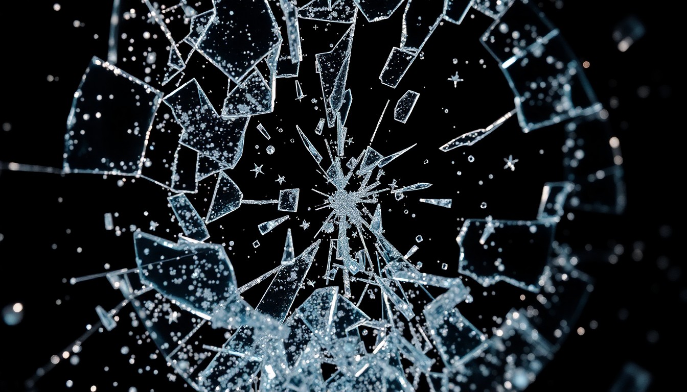 An abstract close-up image featuring shattered glass and glittering sequins, captured in dramatic high-contrast lighting to convey the emotional intensity and fragility of celebrity feuds.