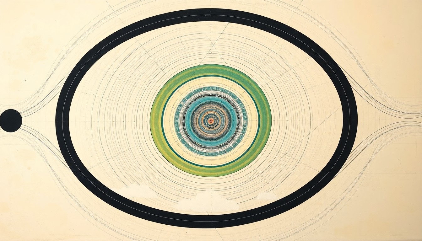 An abstract painting in soft, flat colors featuring sweeping geometric arcs, concentric circles, and precise spirals, representing the interconnected systems of a decentralized energy grid.