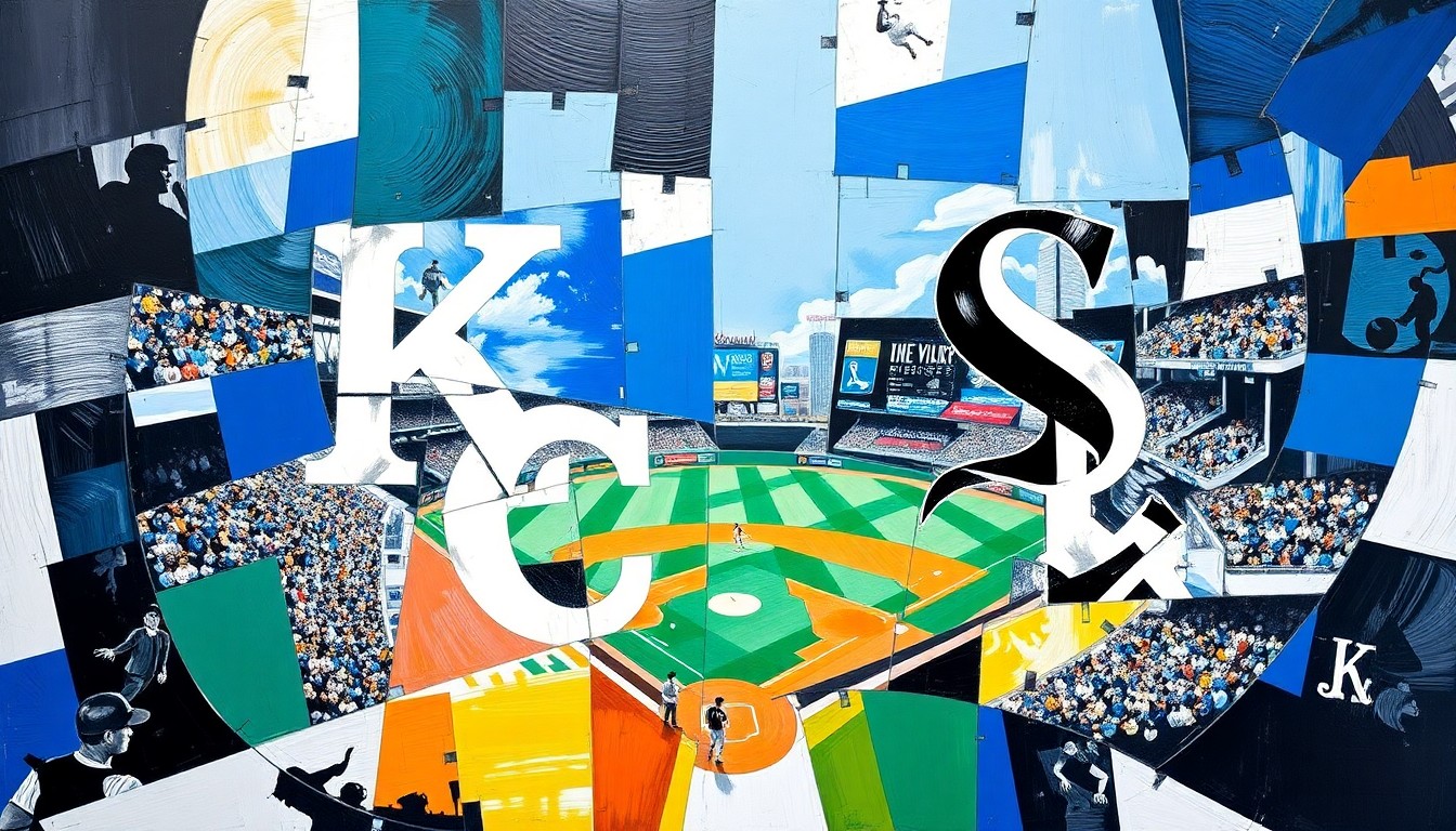 A fragmented, multi-angled painting depicting a baseball game in progress, with the players and field broken down into sharp, overlapping geometric shapes and planes of vibrant blue, white, black, and gray colors.