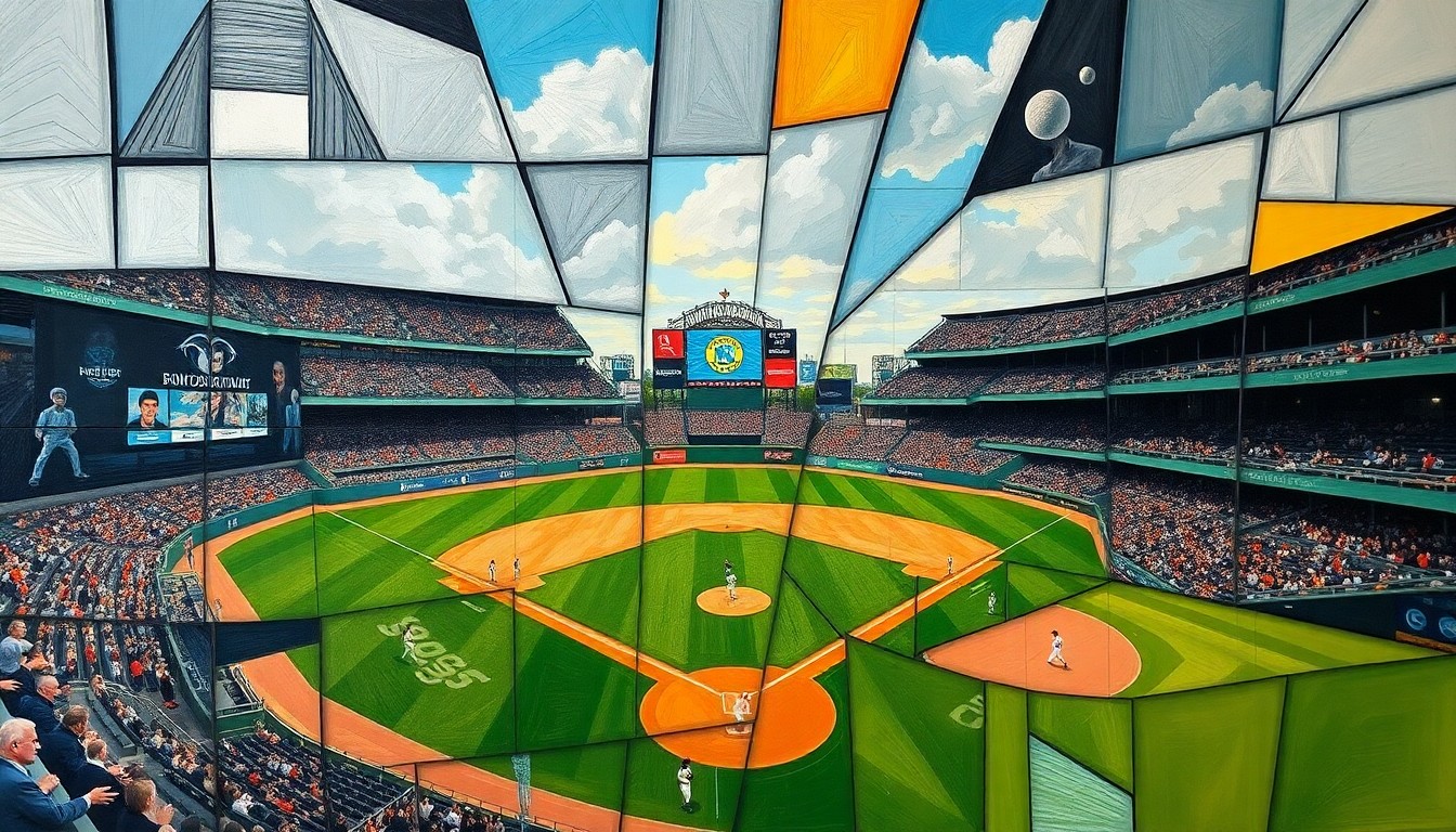 A cubist-style painting depicting a baseball game or match broken down into sharp, overlapping geometric shapes and planes, representing the Rays' strategic approach to developing their top prospects.