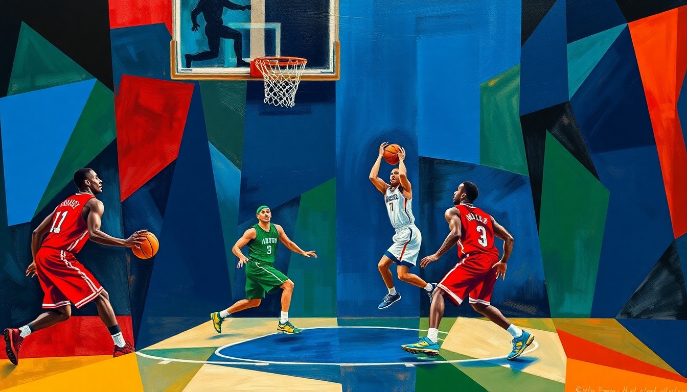 A fragmented, geometric painting in bold colors depicts the action and energy of a professional basketball game, with players represented as angular, overlapping forms.