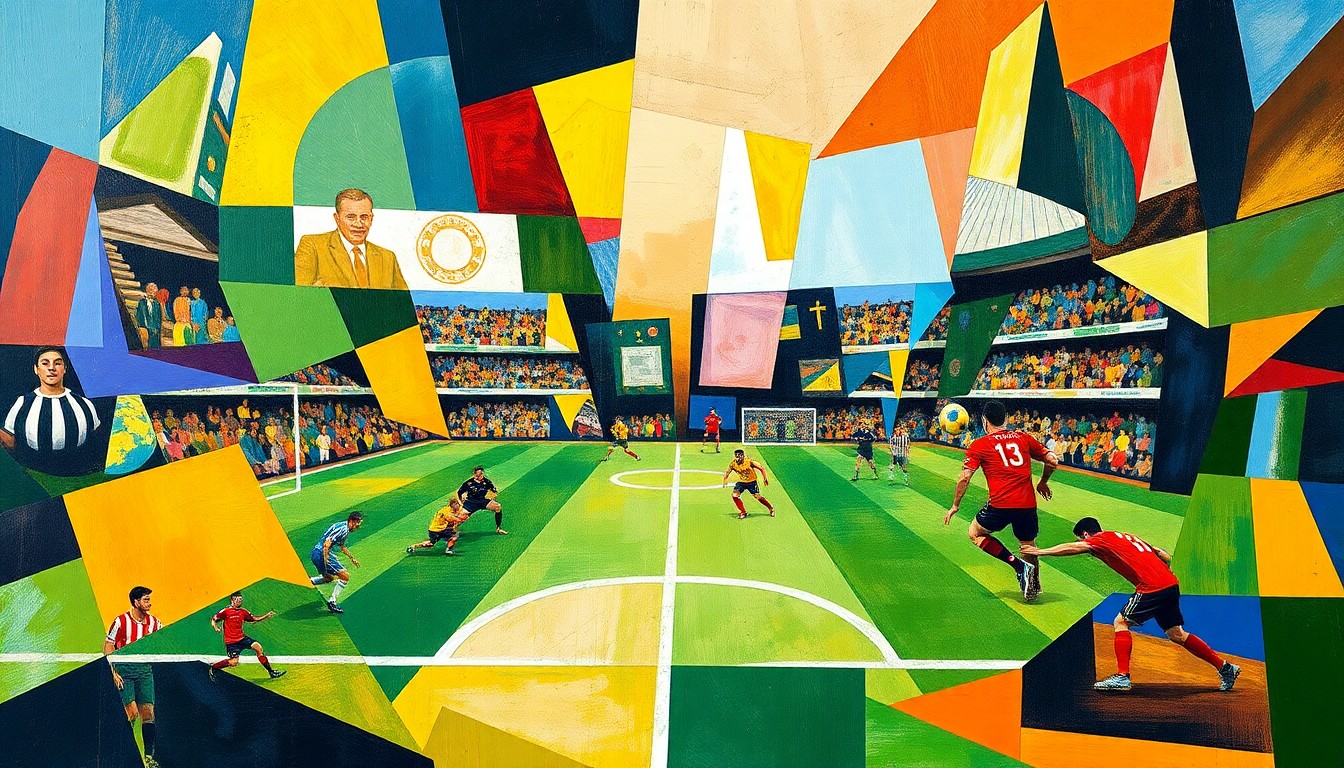 A fractured, multi-perspective painting featuring sharp, overlapping geometric shapes in vibrant colors, abstracting a football game or match into an energetic, cubist-inspired illustration.