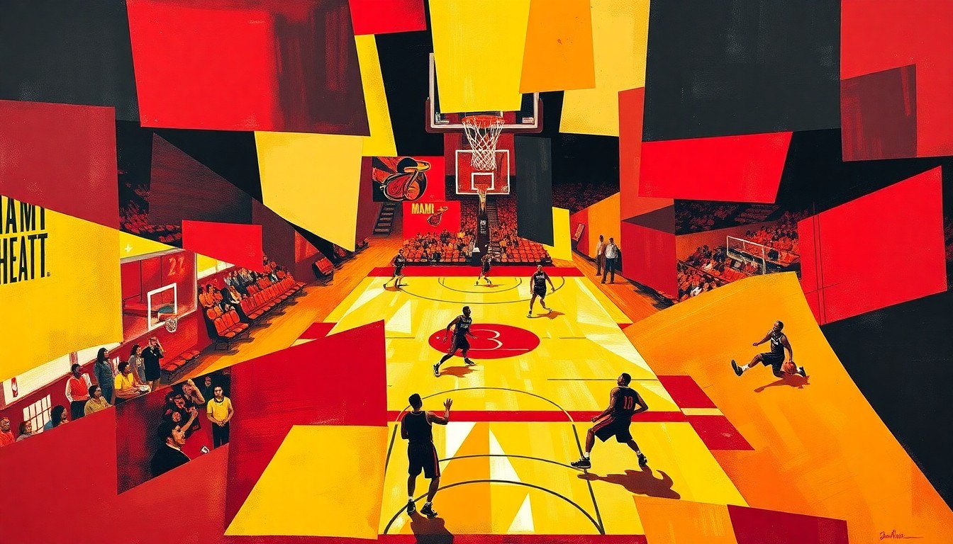 A fragmented, geometric painting in the style of Pablo Picasso, using sharp planes and angles in the Miami Heat's team colors of red, yellow, and black to depict the intensity and determination of a basketball game.