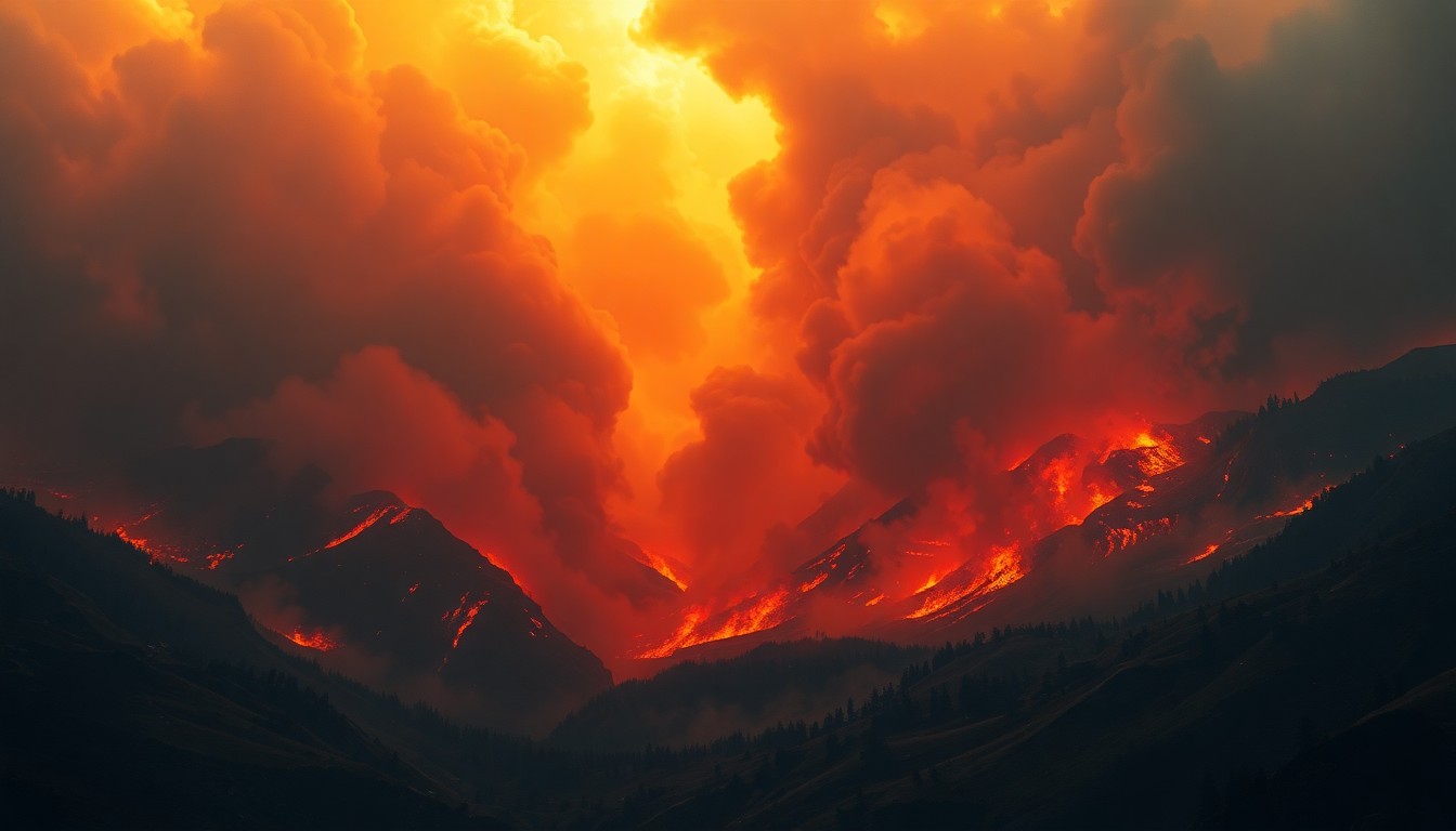 A sweeping landscape painting in muted earth tones, with a massive plume of smoke and flames consuming a small house in the distance, conveying the raw, sublime power of an uncontrolled wildfire.