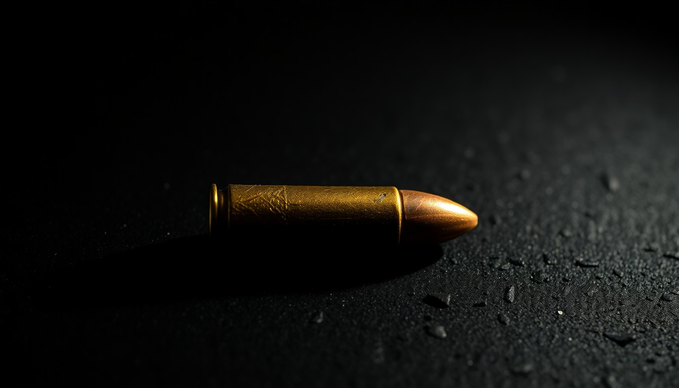 An extreme close-up photograph of a single spent bullet casing on a dark, textured surface, lit by a harsh, direct camera flash, conceptually illustrating the aftermath of a shooting incident.