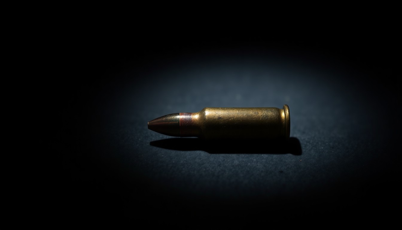 An extreme close-up photograph of a single spent bullet casing on a dark, shadowy surface, lit by a harsh, direct camera flash, conceptually representing the aftermath of a violent crime.
