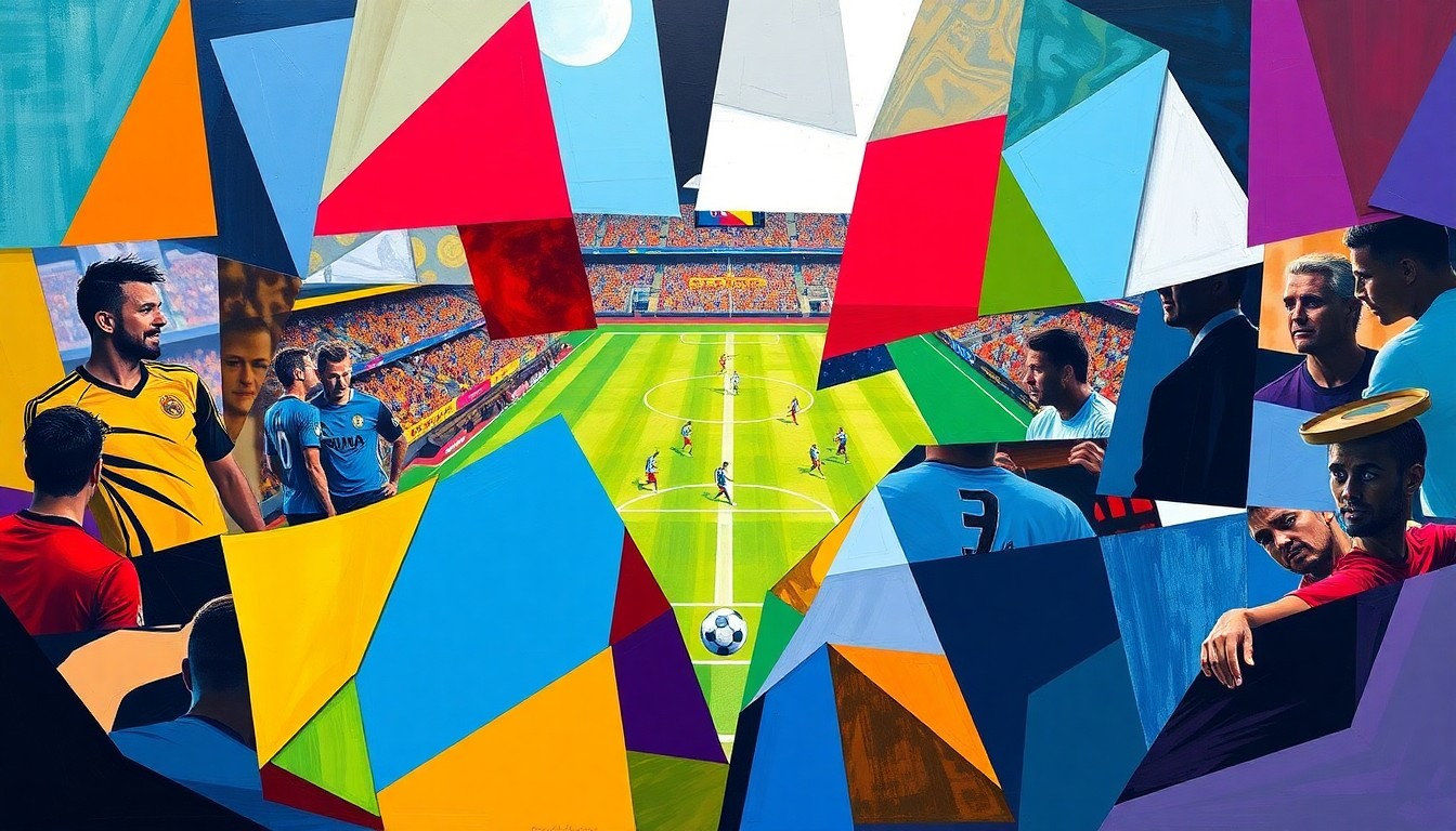 A cubist, geometric illustration depicting the action and energy of a soccer match between two professional teams, with their team colors used throughout the fractured, overlapping visual planes.