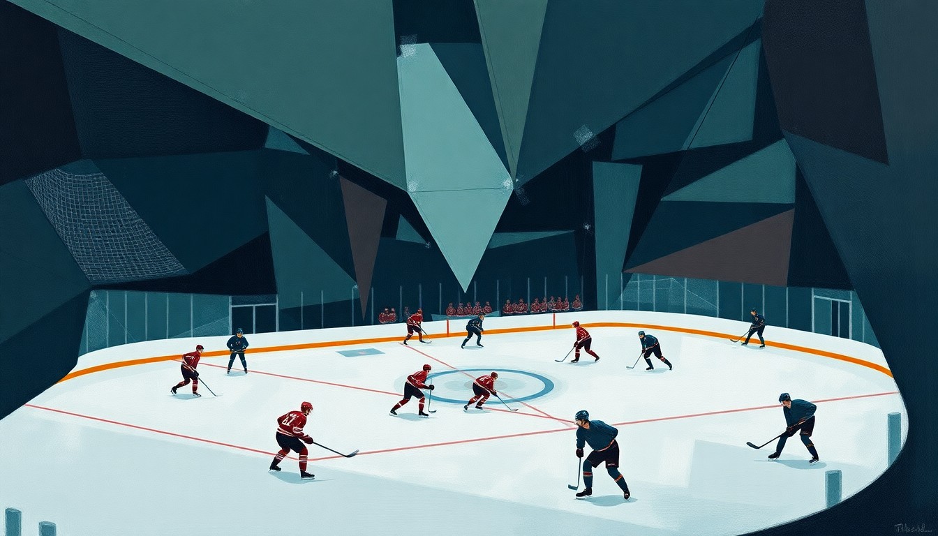 A fragmented, geometric painting depicting the action of a hockey game, with players and the puck represented as overlapping angular shapes in muted colors.