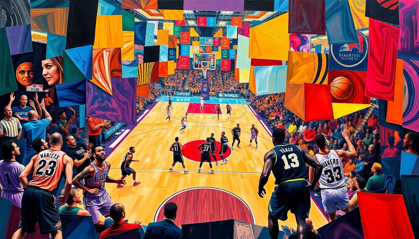 A cubist, geometric painting depicting a basketball game, with the players and court rendered in overlapping, fragmented planes of vibrant colors.