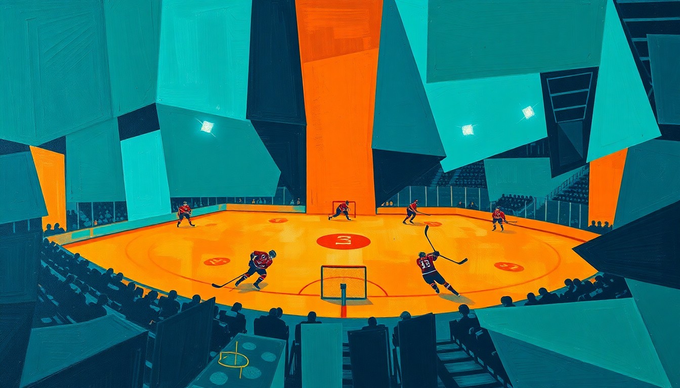A cubist-style painting featuring overlapping geometric shapes and planes in shades of teal, orange, and navy blue, capturing the dynamic action and energy of a hockey game.