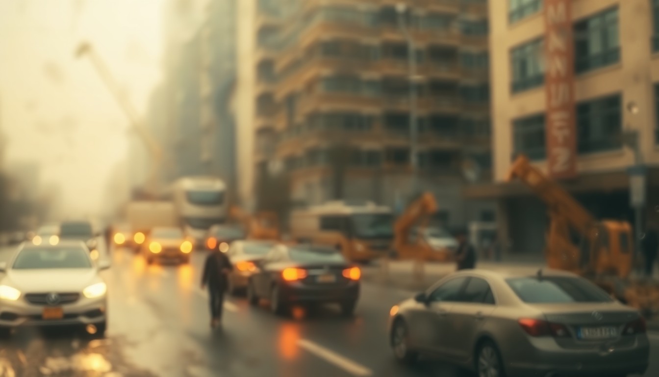 An abstract, impressionistic photograph of a blurred, hazy street scene with faint outlines of cars, pedestrians, and construction equipment, conveying a sense of uncertainty and unease about the road project.