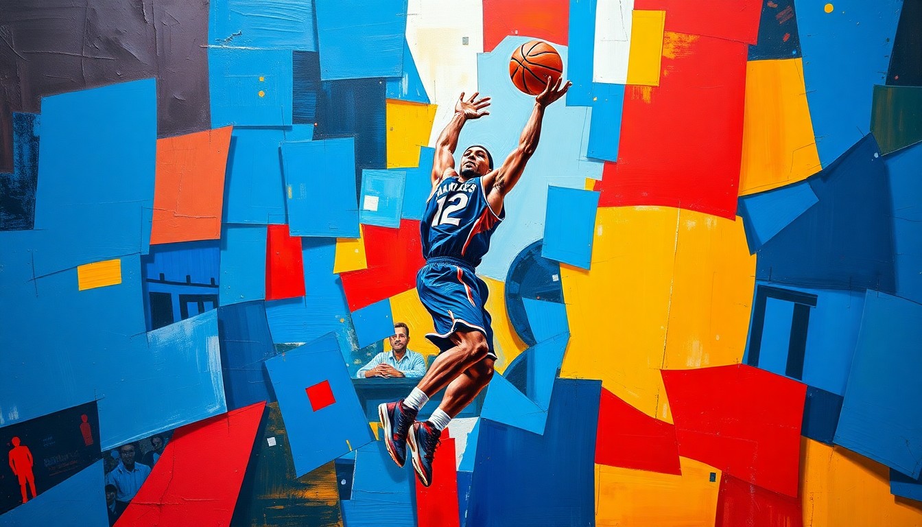 A fragmented, cubist-style painting depicting a basketball player in motion, with sharp geometric shapes and bold colors representing the dynamic energy of the sport.