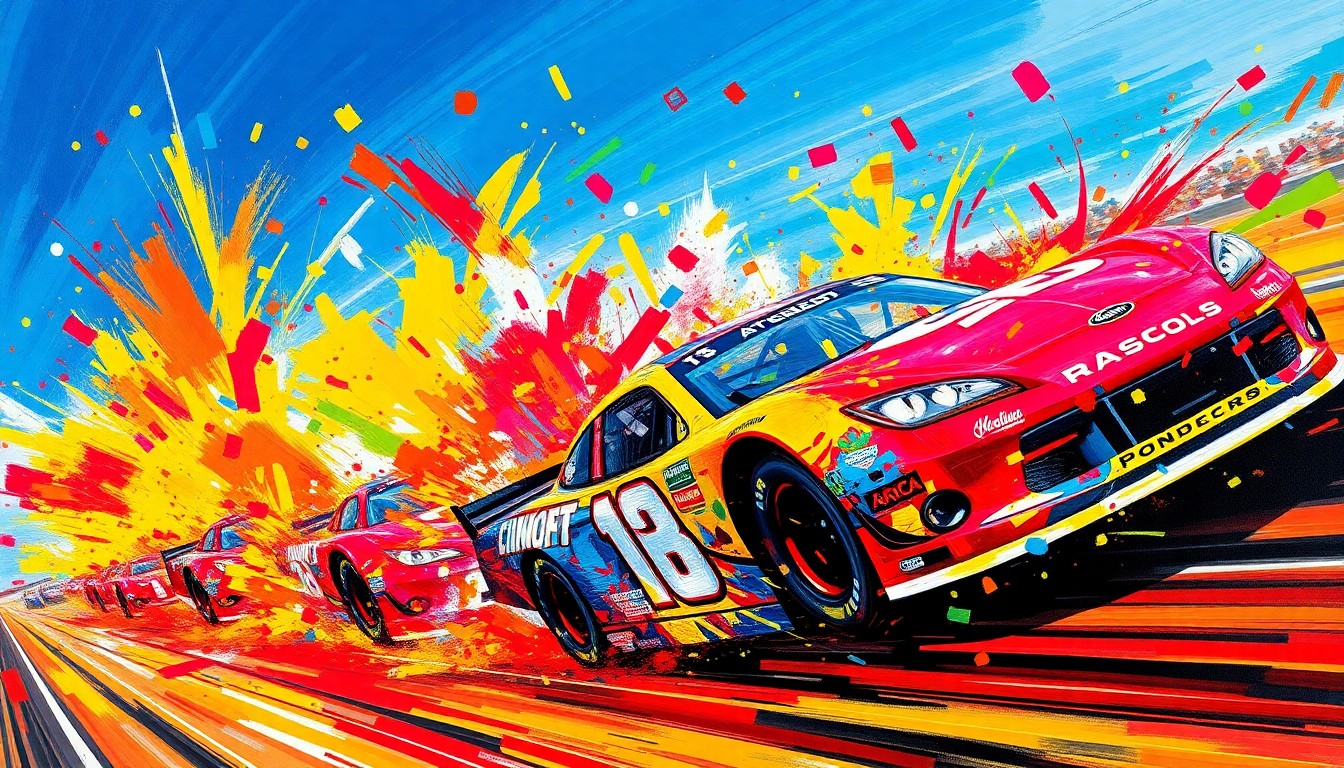 An abstract, expressionist painting in vibrant neon colors, capturing the intense energy and competition of the Tucson ARCA Menards West 150 race, with cars and drivers blending into a dynamic, colorful composition.