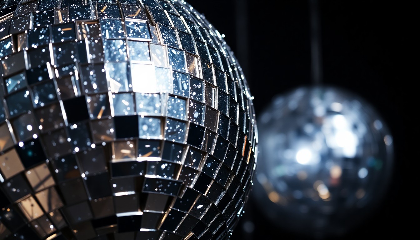 An abstract, high-contrast close-up photograph of shattered glass shards reflecting a bright, glittering light, conveying the celebratory mood of a New Year's Eve event.