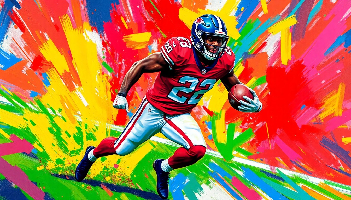 An extreme close-up of a football player in mid-stride, surrounded by a vibrant, expressionist painting of neon colors and rapid brushstrokes, capturing the raw energy and excitement of a game-changing defensive play.