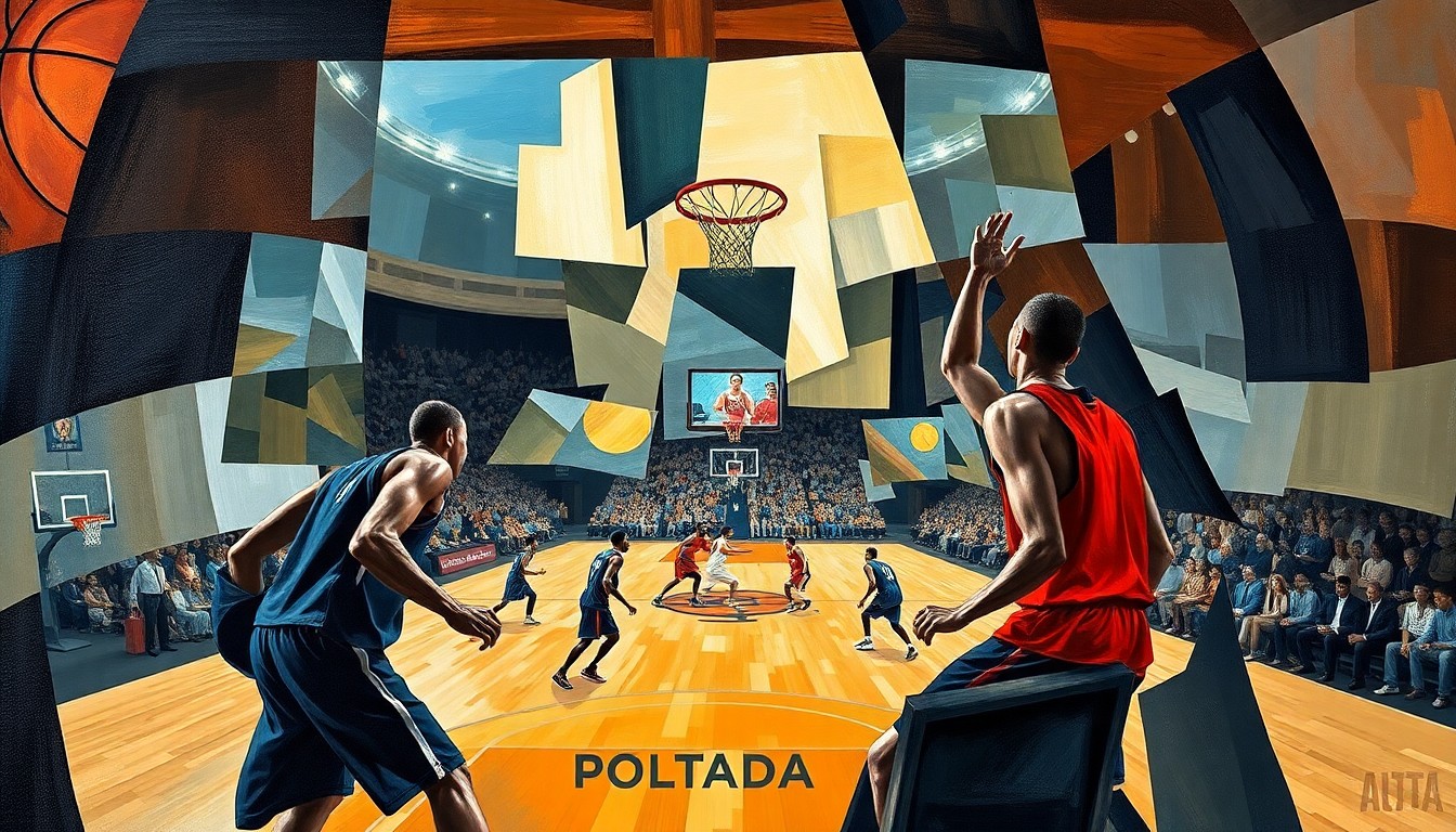 A cubist, geometric painting depicting a fragmented basketball game, with players' forms broken down into overlapping planes of color and the court fading into the background, conveying the conceptual idea of a team in transition and seeking a new path forward.