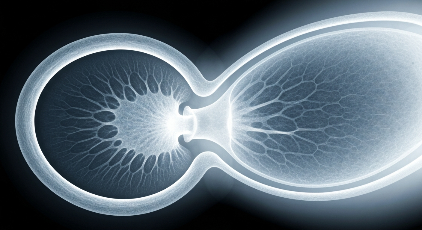 A ghostly, translucent X-ray image revealing the intricate internal structures of an ovary, conceptually representing the clinical advances in treating ovarian cancer.