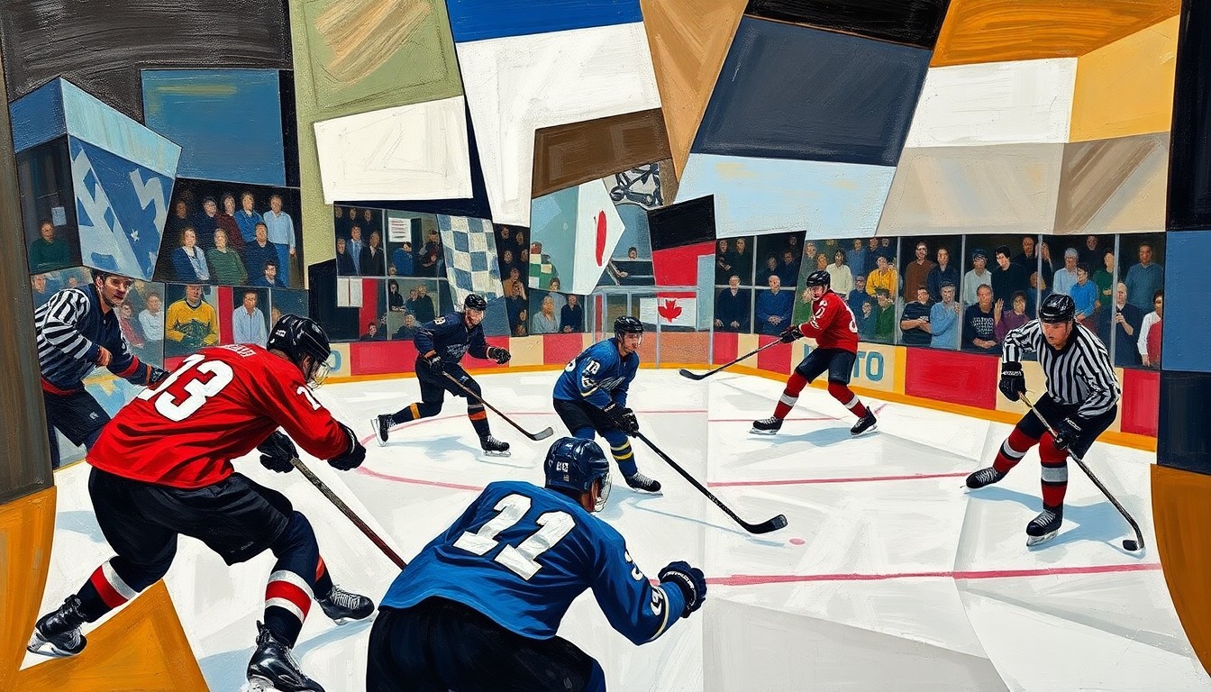 A fragmented, geometric painting in the style of Pablo Picasso, depicting the action and movement of a hockey game with sharp, overlapping planes of color and form.