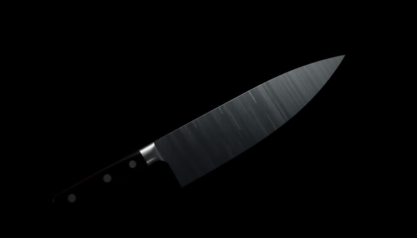 An extreme close-up of a kitchen knife against a pitch-black background, the harsh flash creating a stark, dramatic image that conceptually represents the forensic evidence at the center of this domestic violence case.