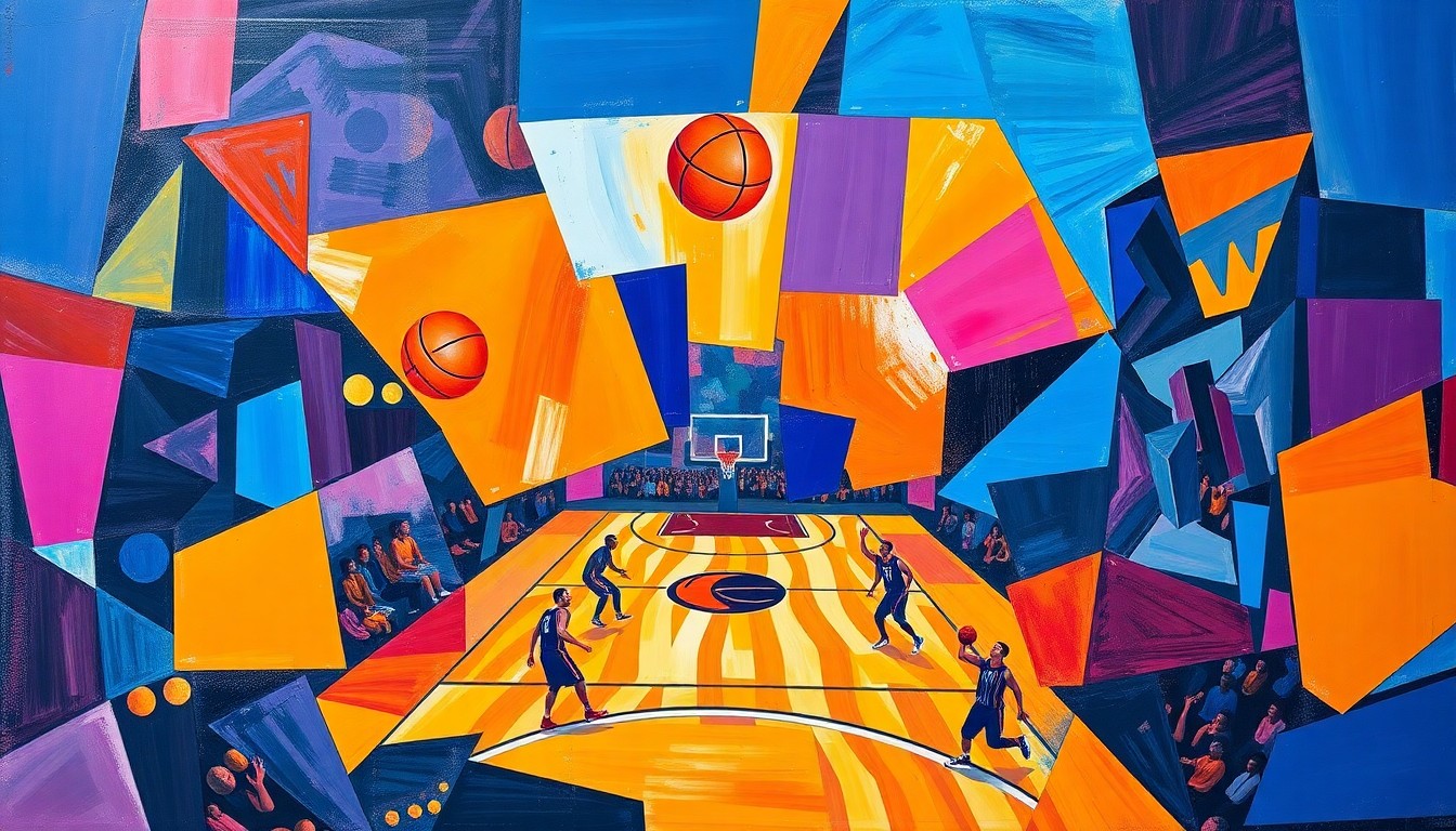 A cubist, geometric painting depicting a fragmented basketball game, with sharp, overlapping planes of color in a vibrant palette representing the Nets' season of rebuilding and growth.