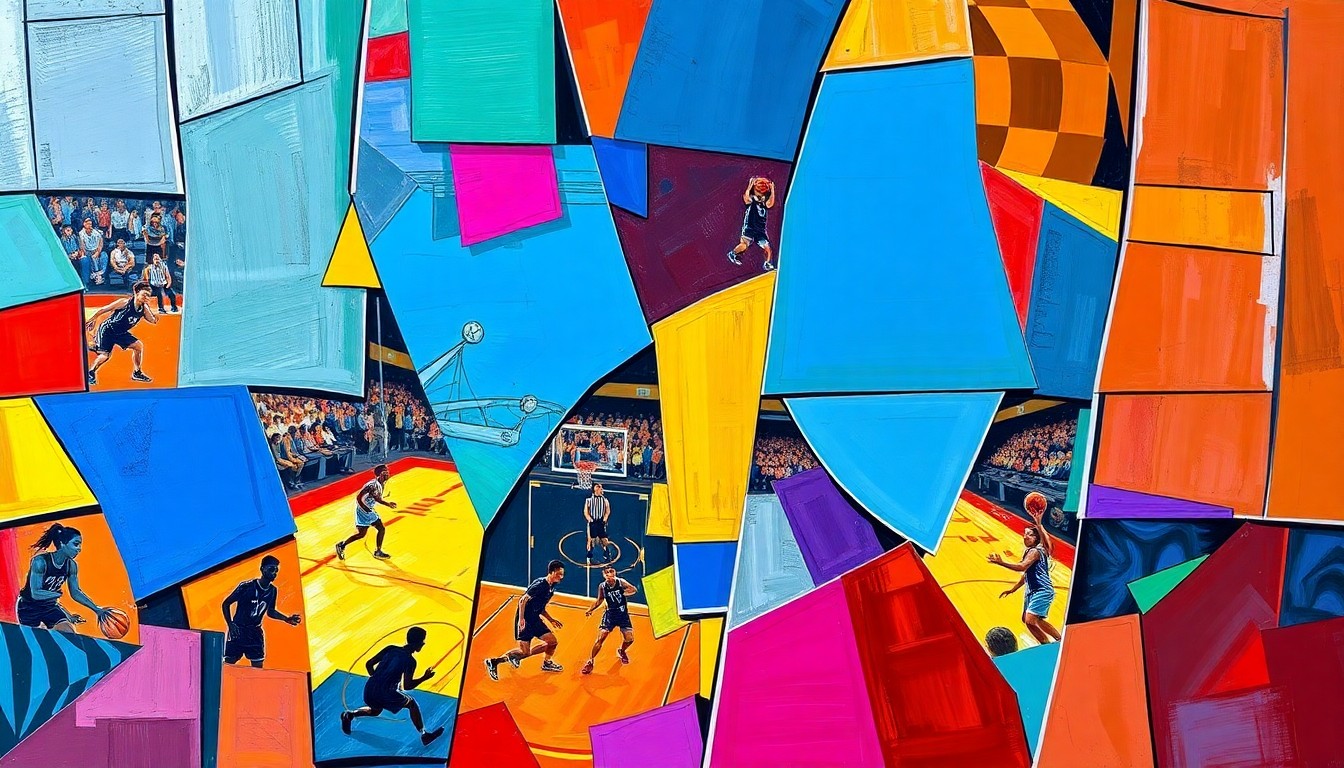 A fragmented, geometric painting in bold primary colors representing various high school sports, conceptually illustrating the diverse athletic achievements recognized in the weekly poll.