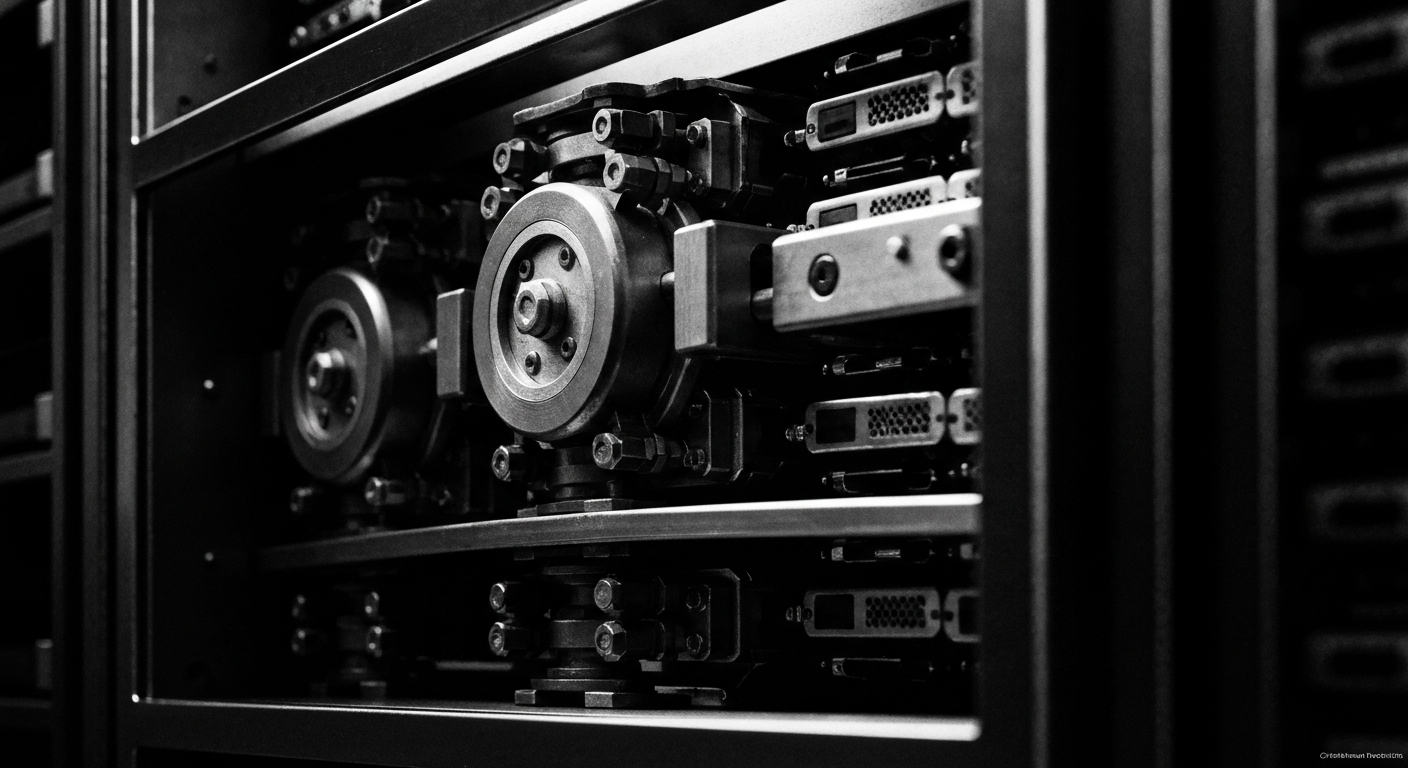 A dramatic, high-contrast close-up of an industrial-looking banking mechanism, such as an ATM or server rack, conveying the robust infrastructure that supports modern financial services.