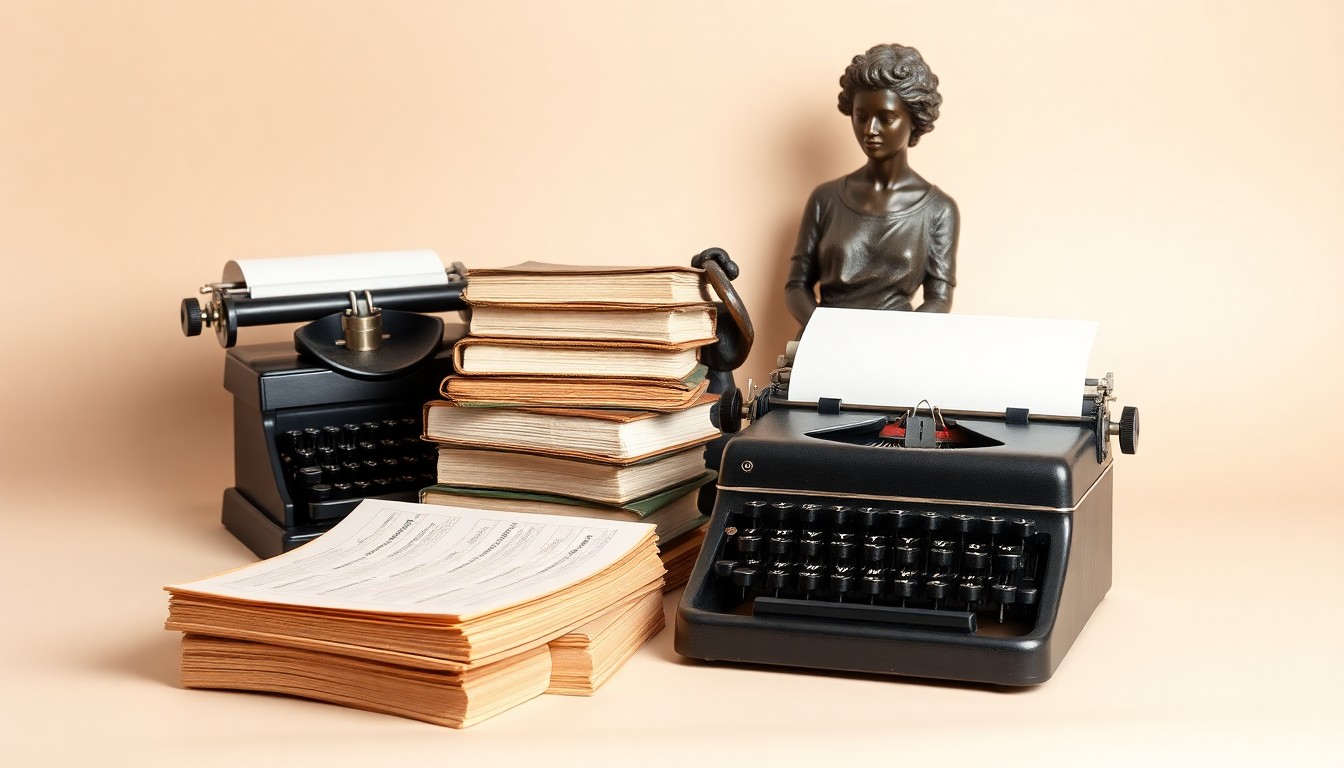 A high-end, photorealistic studio still-life photograph featuring a stack of historical bank ledgers, a vintage typewriter, and a bronze statue of a Black woman, all arranged elegantly on a clean, monochromatic seamless background, representing the legacy and importance of Black-owned banks in the United States.