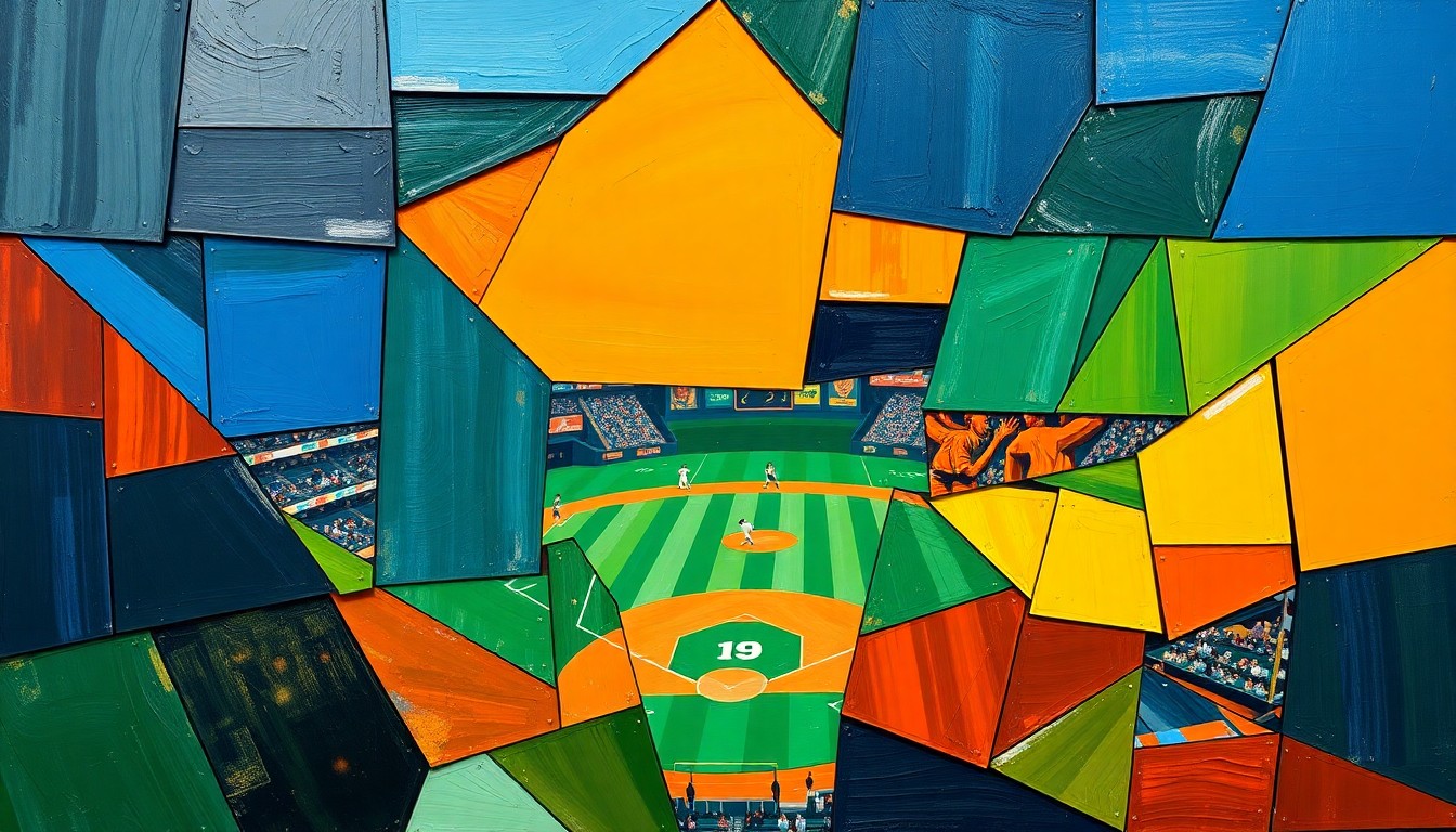 A fractured, geometric painting depicting a baseball game or match, with sharp, overlapping planes of color representing the dynamic action on the field.