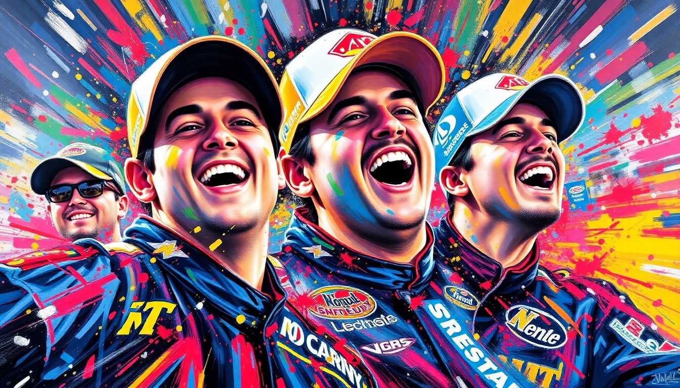 A vibrant, textured painting in neon colors capturing the raw energy and emotion of a NASCAR race, with the faces and details dissolving into abstract brushstrokes.