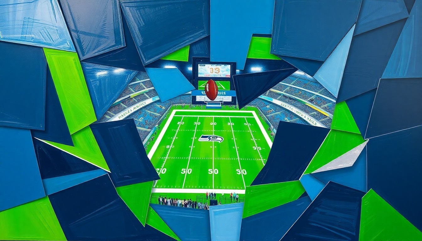 A cubist, geometric painting depicting a fragmented, multi-perspective view of a Seattle Seahawks football game, with sharp planes of navy blue, lime green, and silver colors representing the team's focus on versatility and adaptability in the 2026 NFL Draft.