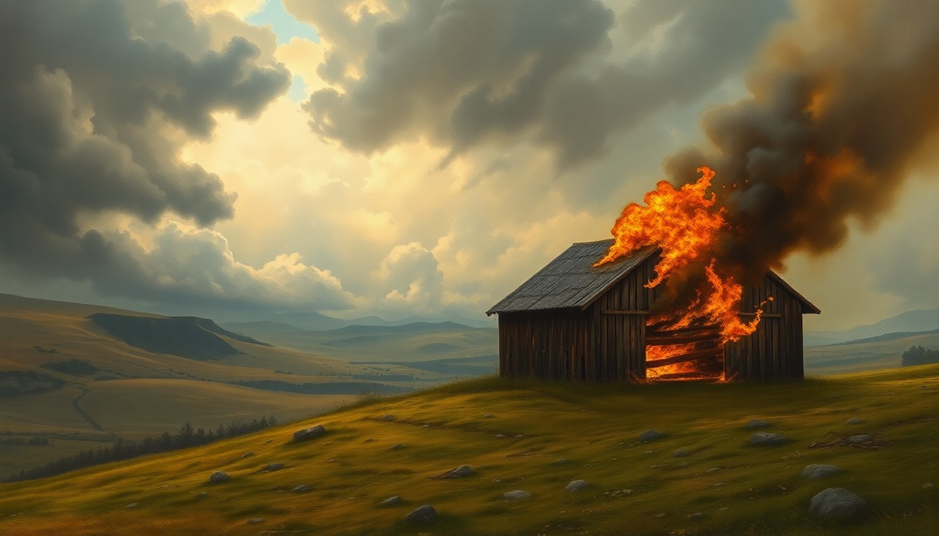 A sweeping, atmospheric landscape painting depicting a charred, smoldering barn surrounded by rolling hills and a dramatic, stormy sky, conveying the melancholic mood of the tragic event.