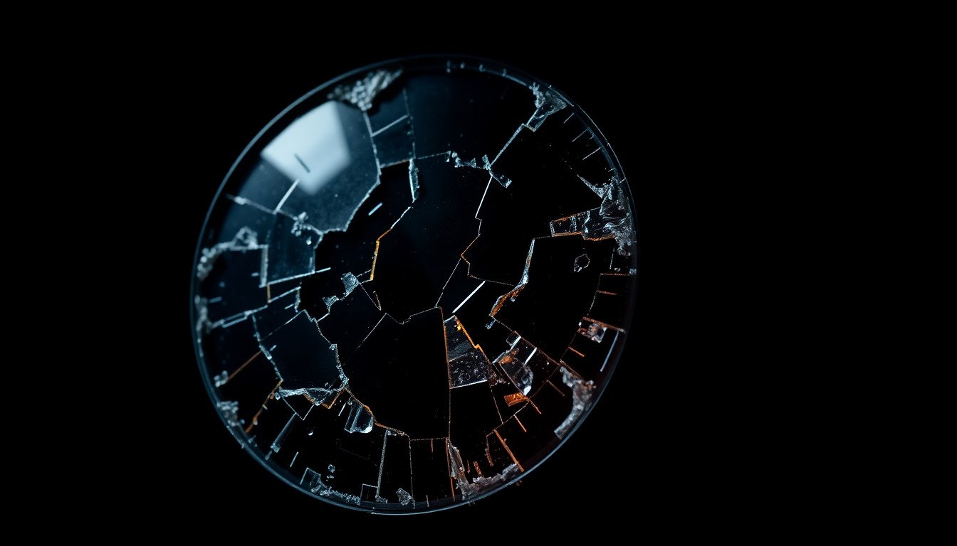An extreme close-up photograph of a shattered motorcycle part, such as a mirror or turn signal lens, against a pitch-black background, capturing the harsh, gritty aftermath of a high-speed crash.