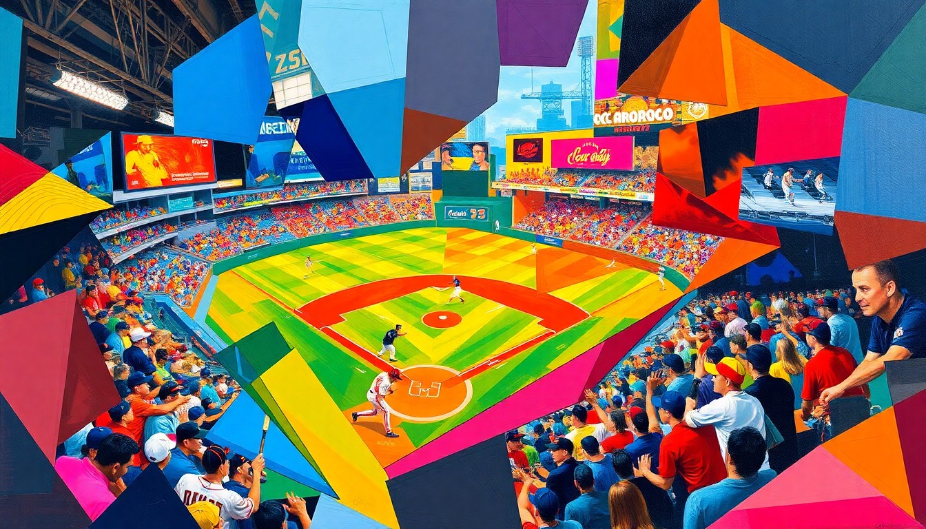 A vibrant, fragmented painting depicting a baseball game broken down into overlapping geometric shapes and planes of color, conveying the dynamic energy of the sport.