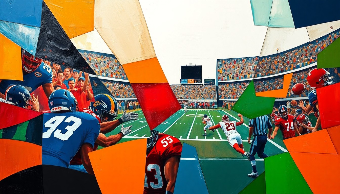 A cubist, geometric painting depicting a fragmented football game, with overlapping planes of color representing the various teams and players in action.