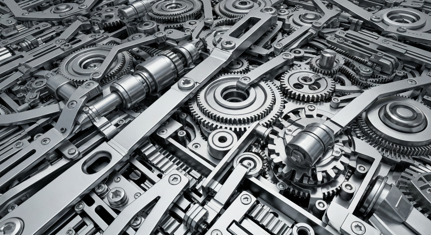 A highly detailed, cinematic close-up of a complex, industrial-looking mechanism with gears, levers, and sensors, conveying the intricate workings of the financial system in a conceptual, non-literal way.