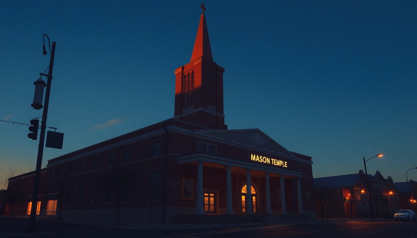 A serene, photorealistic painting of the exterior of a church building with a tall steeple, rendered in warm tones and dramatic lighting to evoke a sense of historical significance and quiet contemplation.