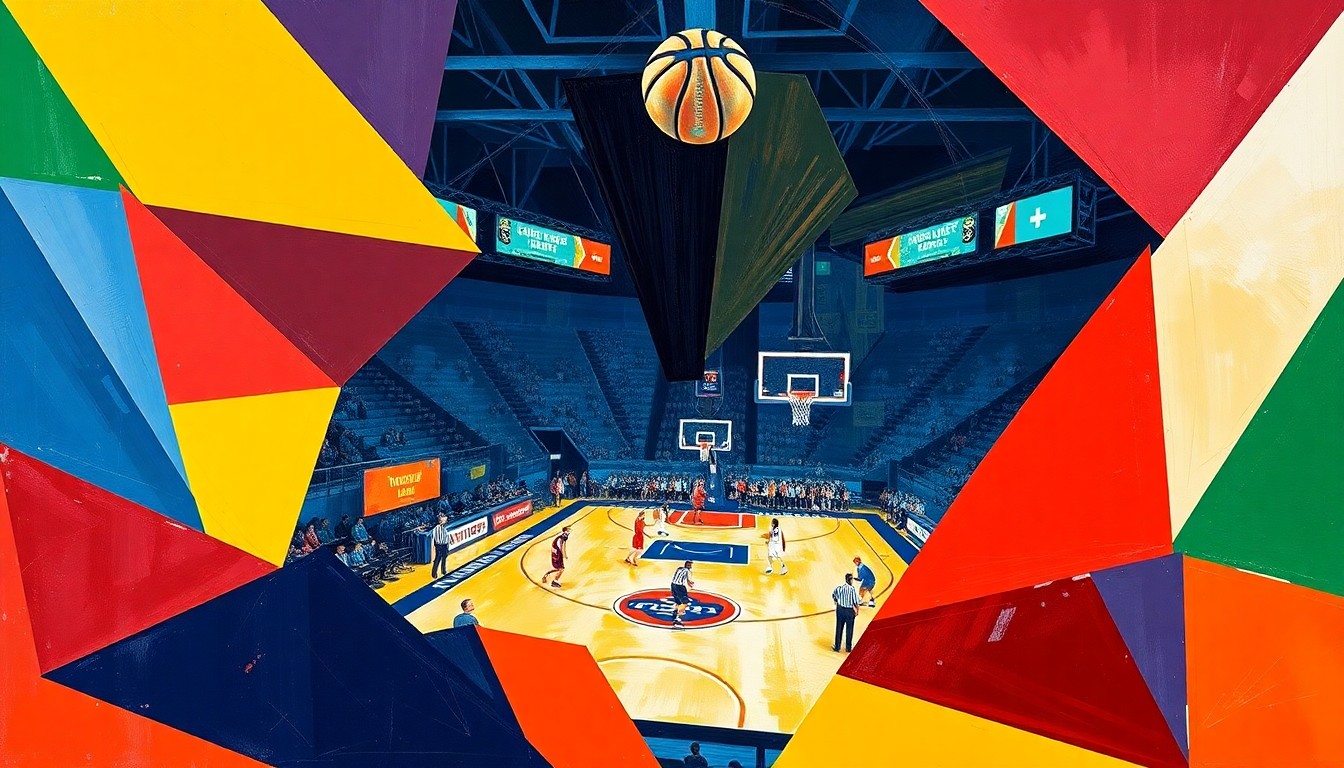 A cubist, geometric painting depicting a college basketball game, with sharp, overlapping planes of color representing the sport's dynamic action and the team's official colors.