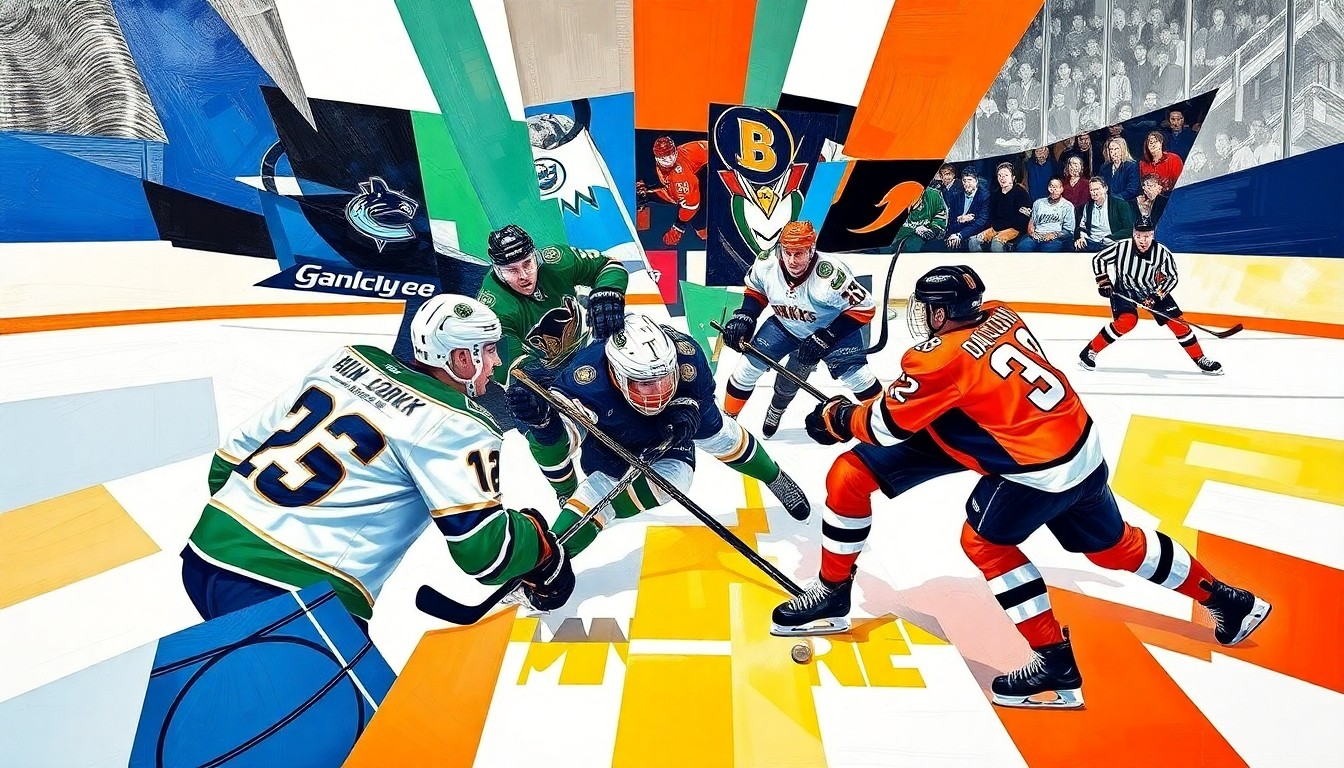 A fragmented, geometric painting depicting the chaotic final seconds of a hockey game, with the players and puck breaking down into sharp, overlapping shapes and colors.