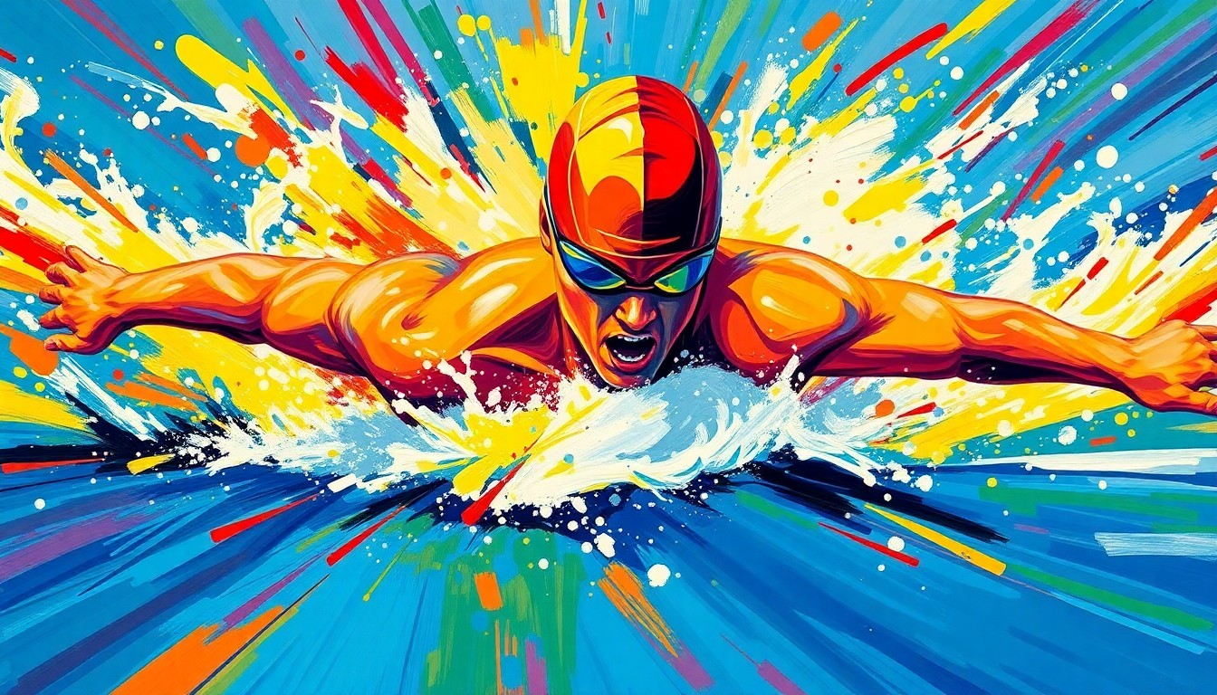 An abstract, expressionist painting in vibrant neon colors depicts the fluid movements and energy of a swimmer cutting through the water, conveying the excitement and significance of the record-breaking swim.