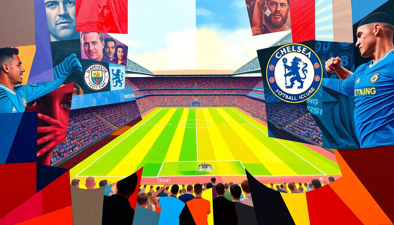 A cubist, geometric painting depicting a Premier League football match, with the players and field fragmented into sharp, overlapping planes of color representing the official uniforms of the two teams.