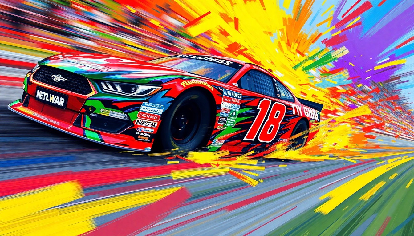 An abstract, energetic painting in neon colors depicting a NASCAR race car speeding through the field, representing the excitement of Ty Gibbs' first Cup Series win.