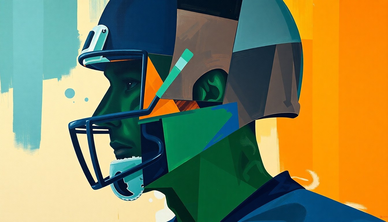 A cubist-style painting depicting the fragmented silhouette of a football player, with sharp geometric shapes in navy, green, and orange hues, conveying the tragic and untimely nature of the player's passing.
