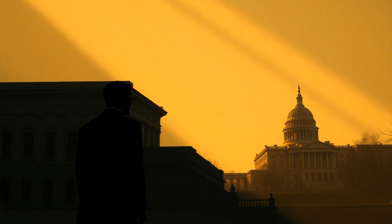 A cinematic painting depicting a solitary government building or political figure in warm, dramatic lighting, conveying a sense of quiet contemplation and the weight of political issues.