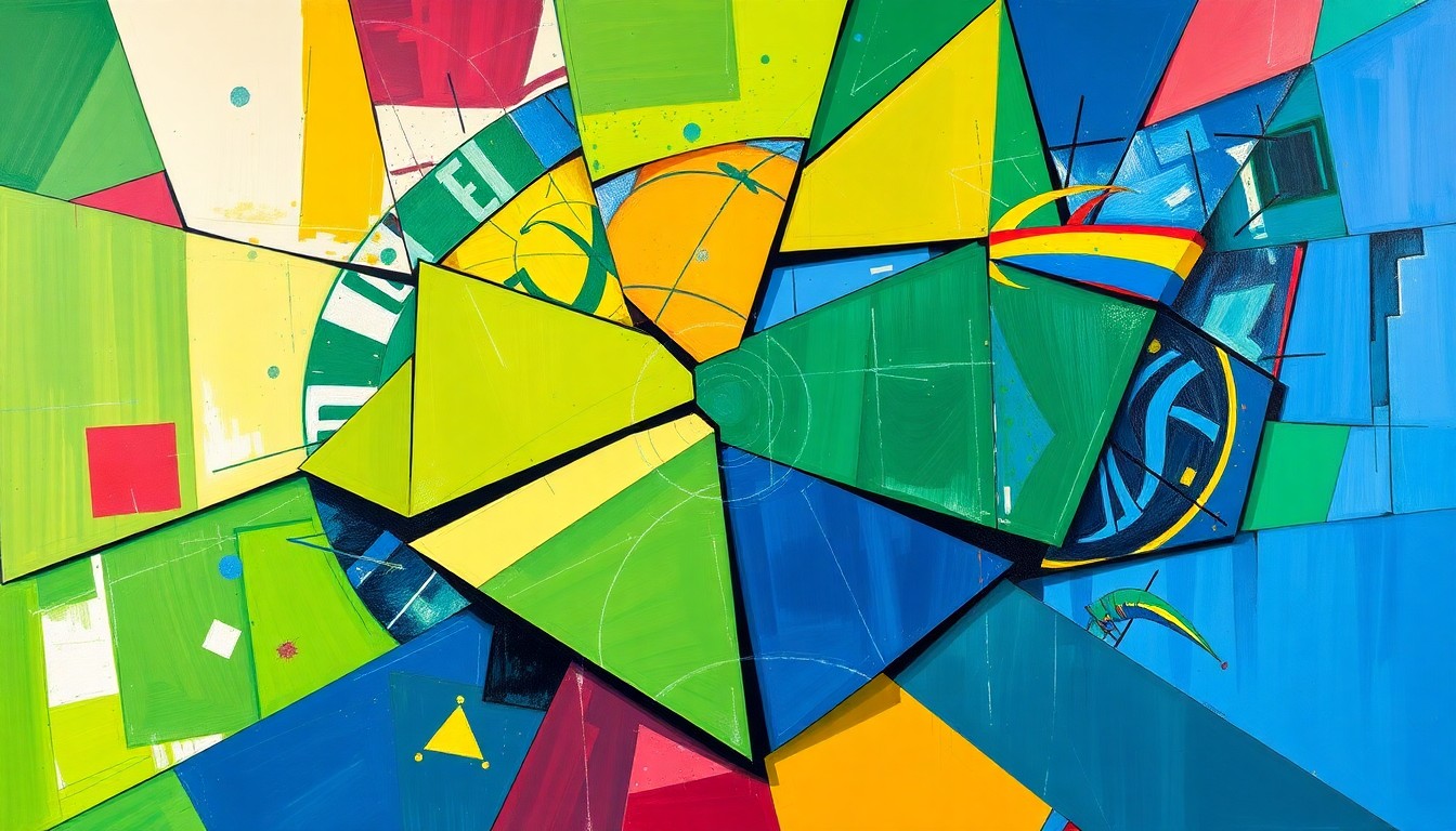 A cubist, geometric painting depicting overlapping planes of basketball players and court lines in shades of green, blue, and gold, representing the competitive energy of the upcoming NBA playoffs.