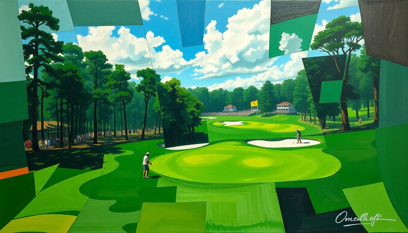 A cubist, geometric painting depicting the Masters Tournament golf competition, with the players and course broken down into sharp, overlapping planes of color and shape, conveying the transition and change in the sport.