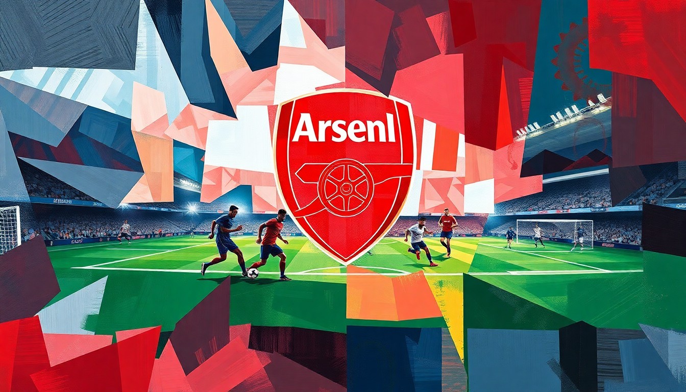 A cubist, geometric painting depicting fragmented and overlapping shapes in Arsenal's team colors, representing the disruption caused by injuries to key players.